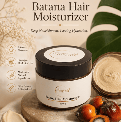 Batana Hair Moisturizer jar with natural ingredients on a wooden surface