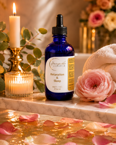 Bottle of Relaxation & Sleep bath oil blend with candles and flowers in a spa setting