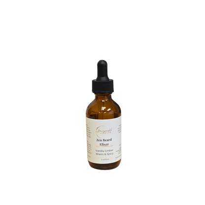 Brown glass bottle with dropper labeled 'Zen Beard Elixir' on a white background