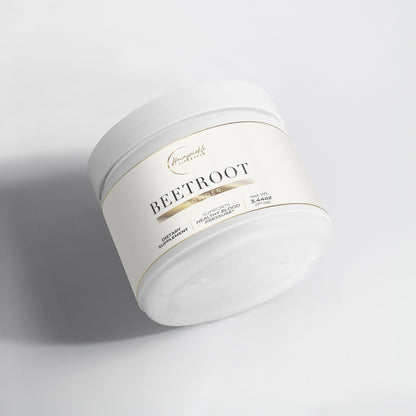 Jar of beetroot powder on a light gray background