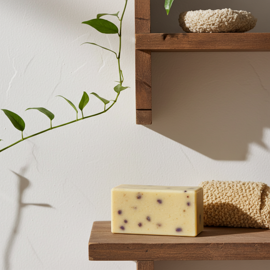 Bar of soap on a wooden surface with a plant and shelf in the background