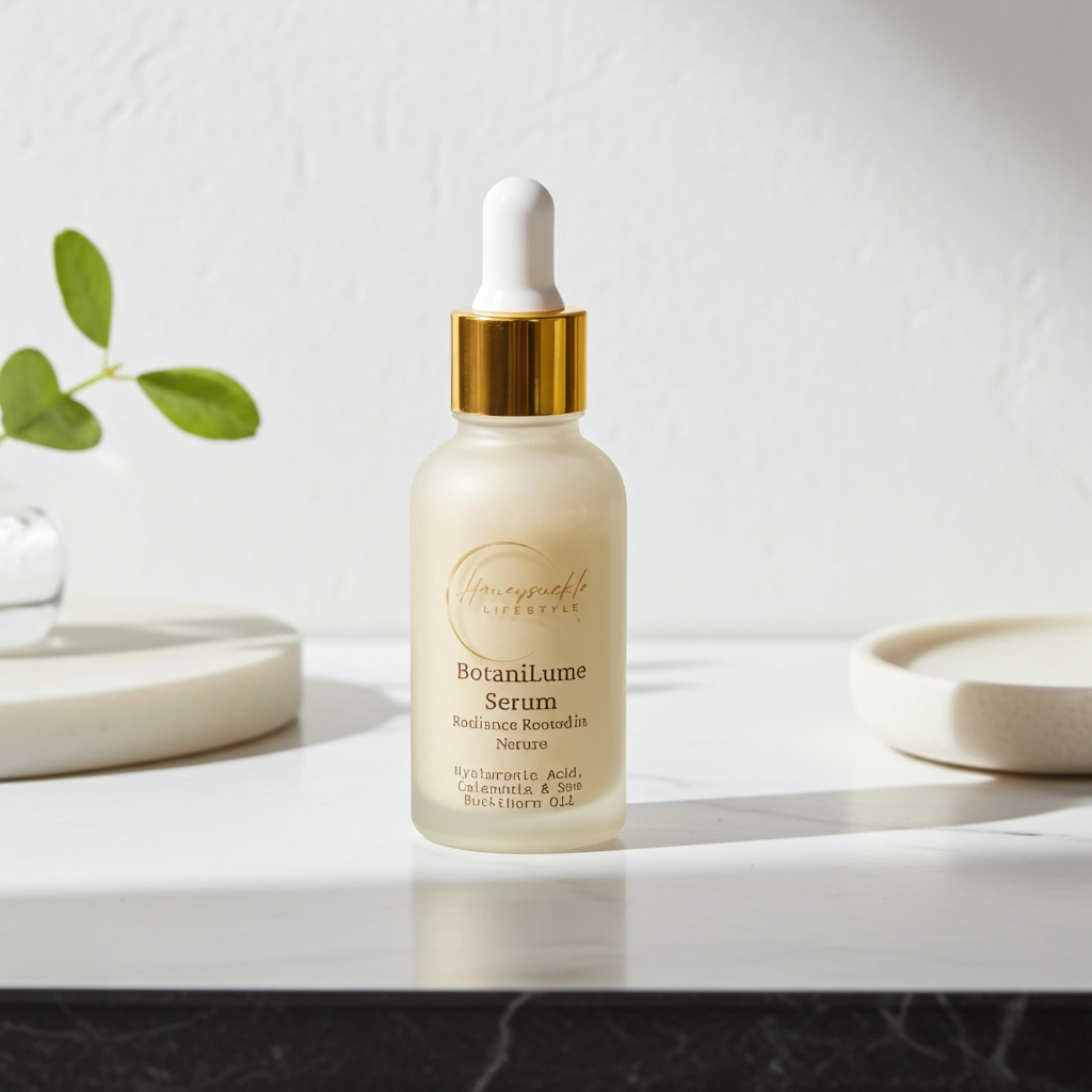 BotaniLume Serum bottle on a white surface with a light gray background