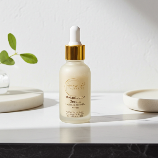 BotaniLume Serum bottle on a white surface with a light gray background