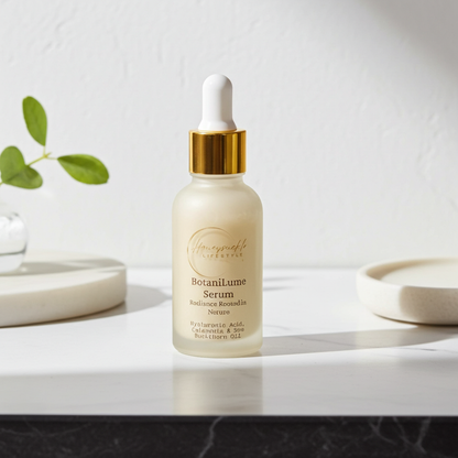 BotaniLume Serum bottle on a white surface with a light gray background