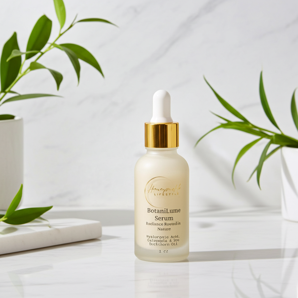BotaniLume Serum bottle on a white surface with green leaves in the background