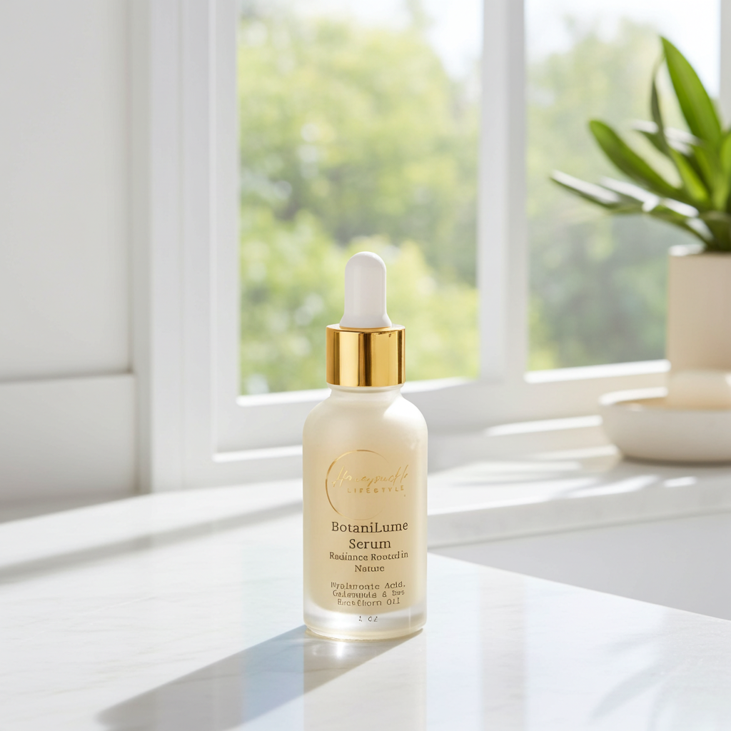 BotaniLume Serum bottle on a windowsill with natural light