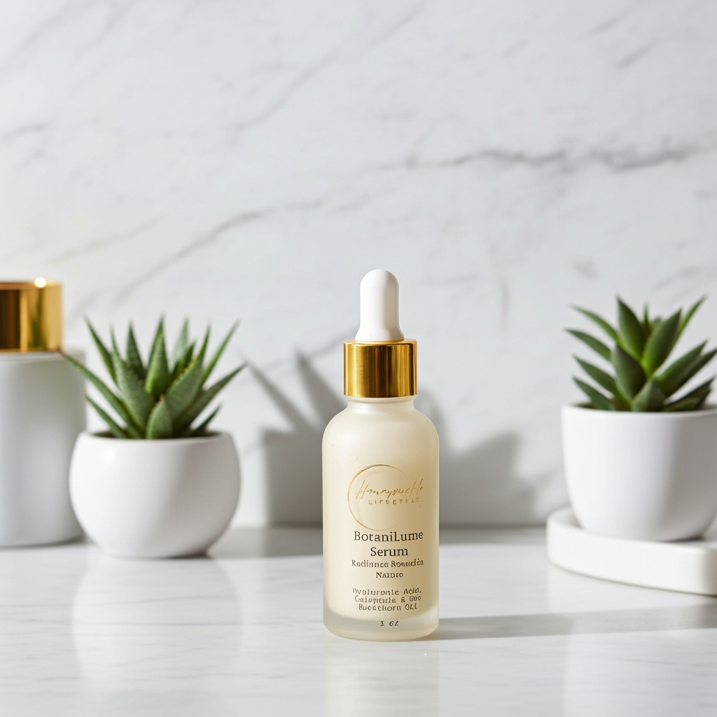 Skincare serum bottle with dropper on a white surface with plants in the background