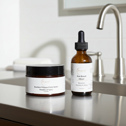 Two skincare products on a bathroom counter with a sink in the background.