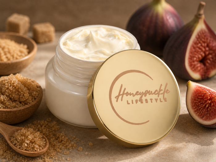 Jar of cream with a gold lid featuring 'HoneySuckle Lifestyle' branding, surrounded by figs and brown sugar on a neutral colored surface.