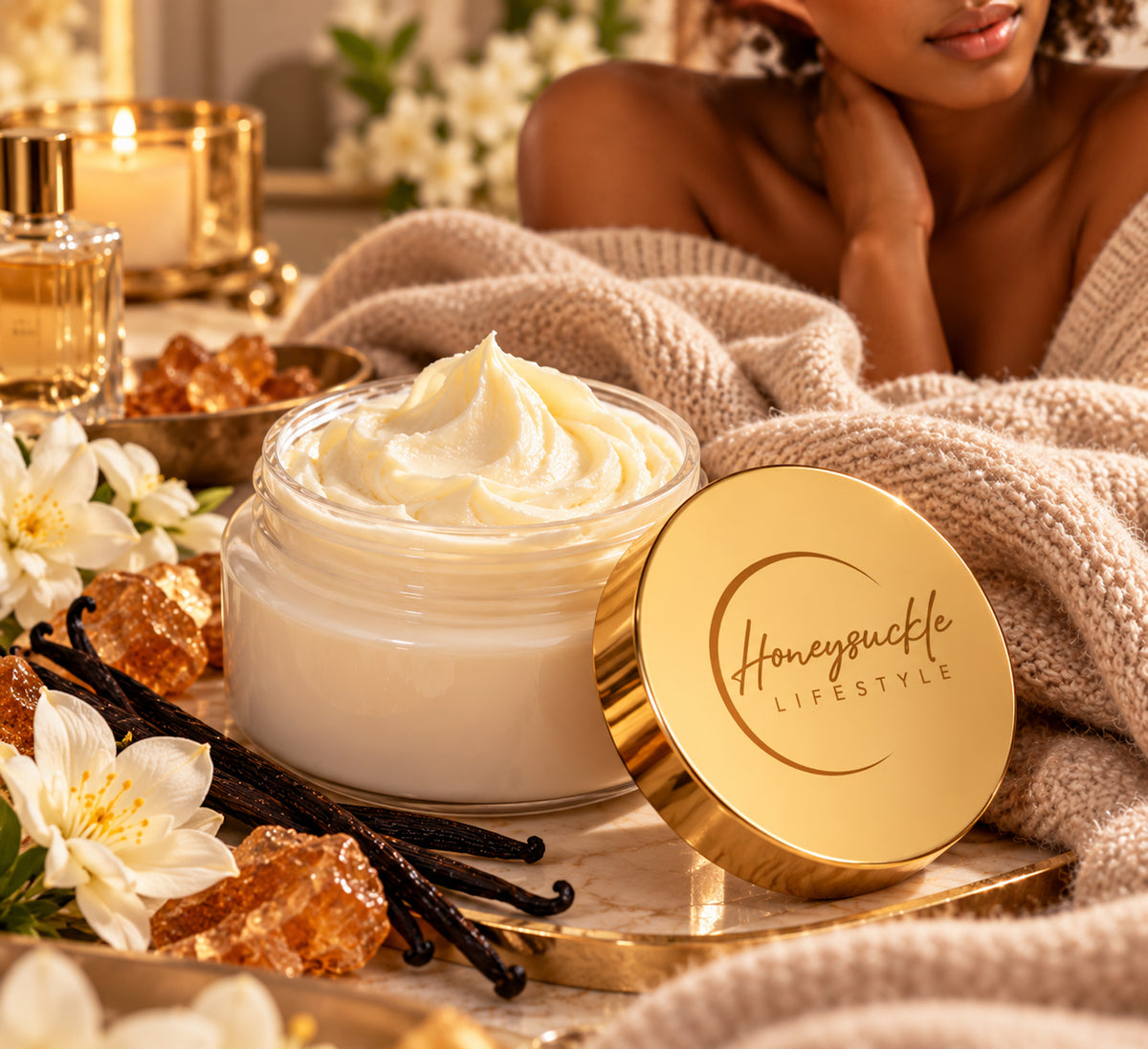 Luxurious whipped body butter from HoneySuckle Lifestyle with a cashmere glow, perfect for deep moisturizing and soft skin.