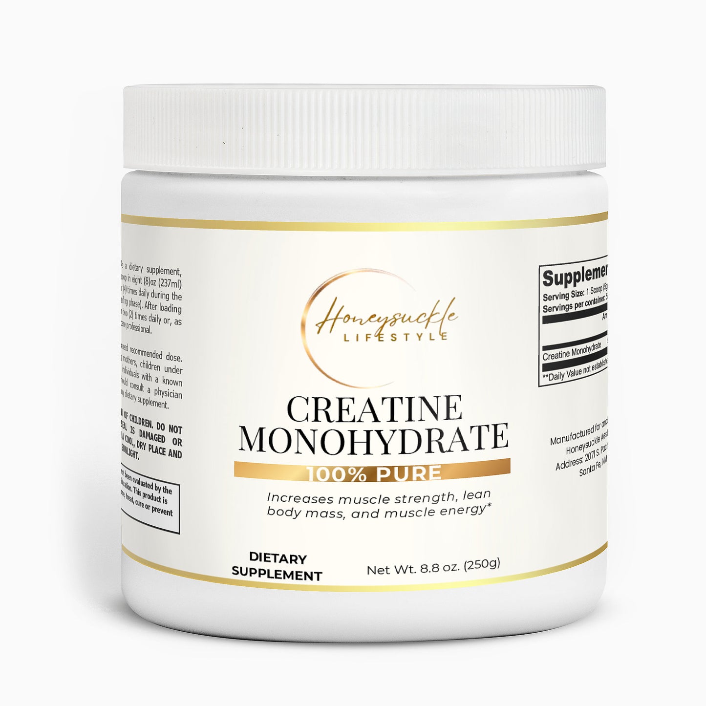 Supplement container labeled 'Creatine Monohydrate' on a white background