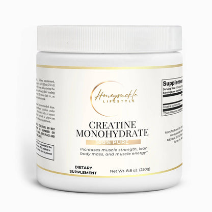 Supplement container labeled 'Creatine Monohydrate' by Honeysuckle Lifestyle on a white background