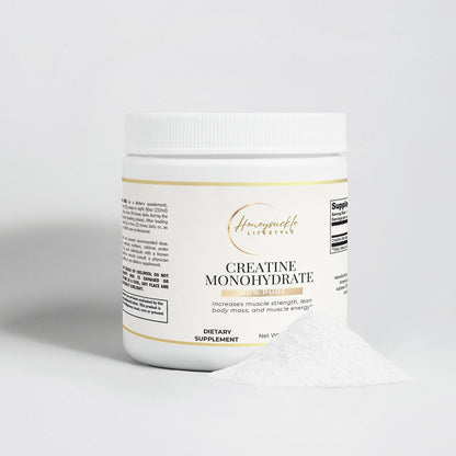 Supplement container labeled 'Creatine Monohydrate' on a light gray background