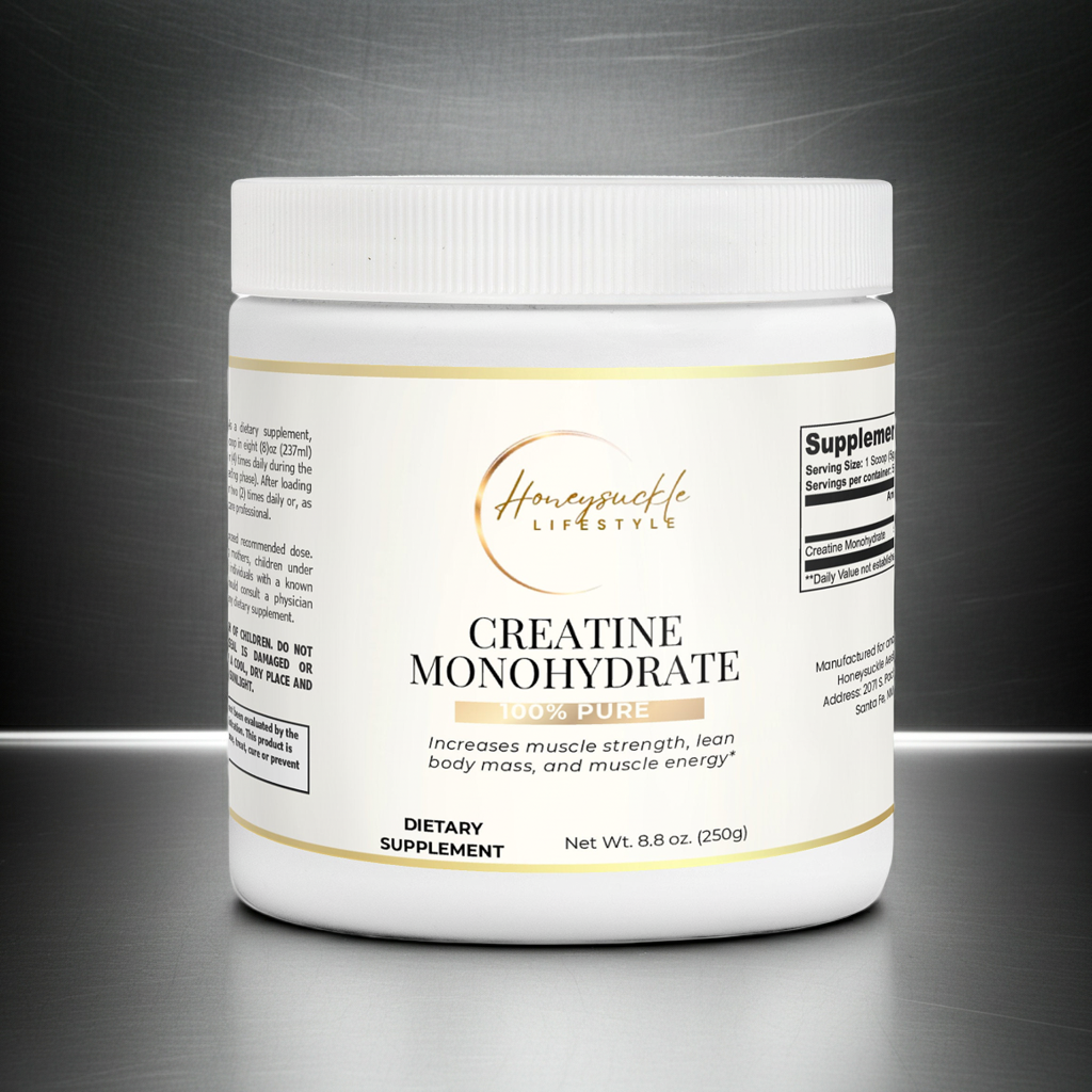 Supplement container labeled 'Creatine Monohydrate' on a reflective surface with a dark background