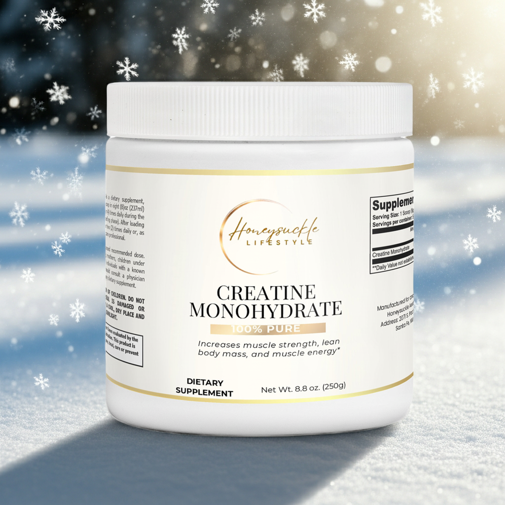 Supplement container labeled 'Creatine Monohydrate' on a snowy background with snowflakes.