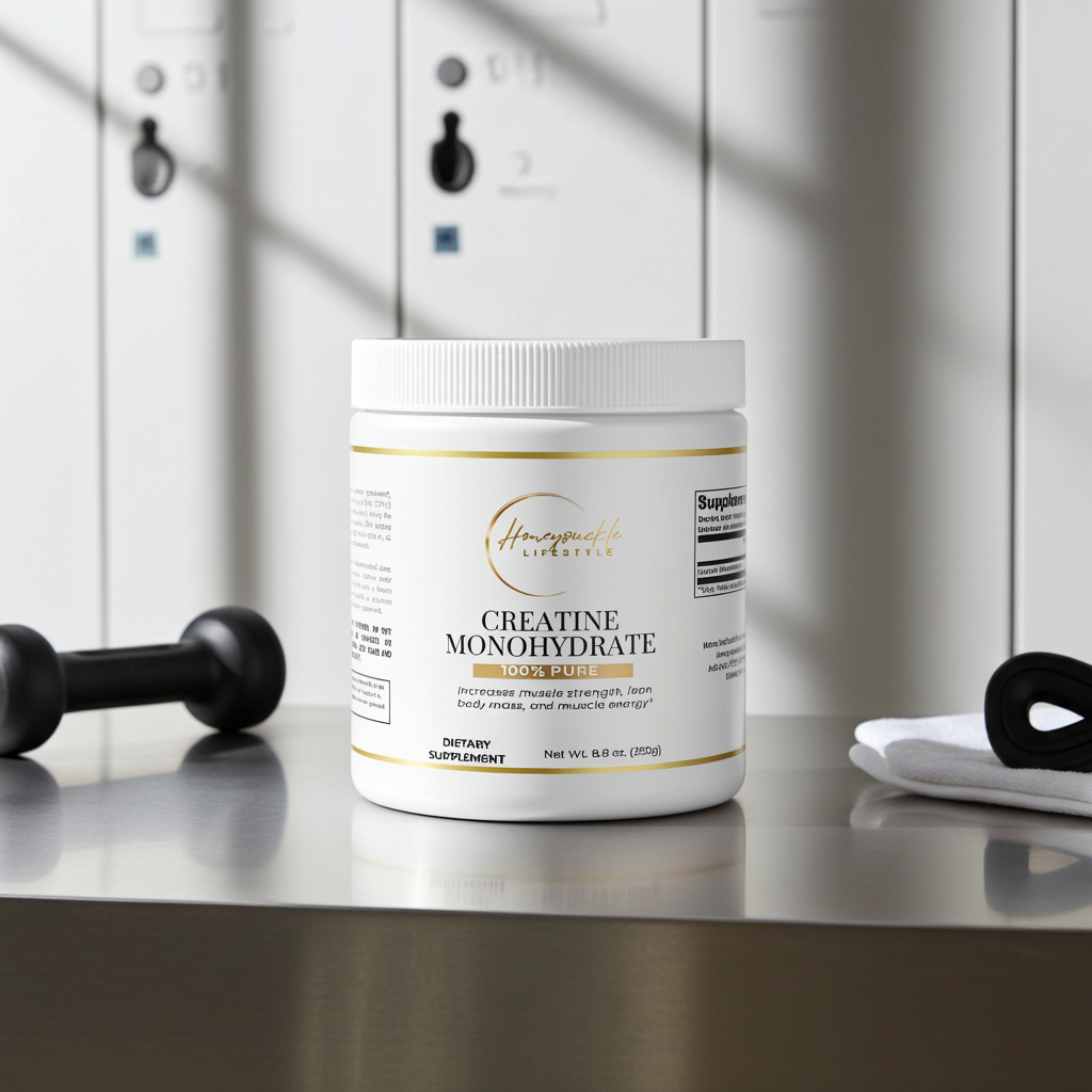 Supplement container labeled 'Creatine Monohydrate' on a table with gym equipment in the background.