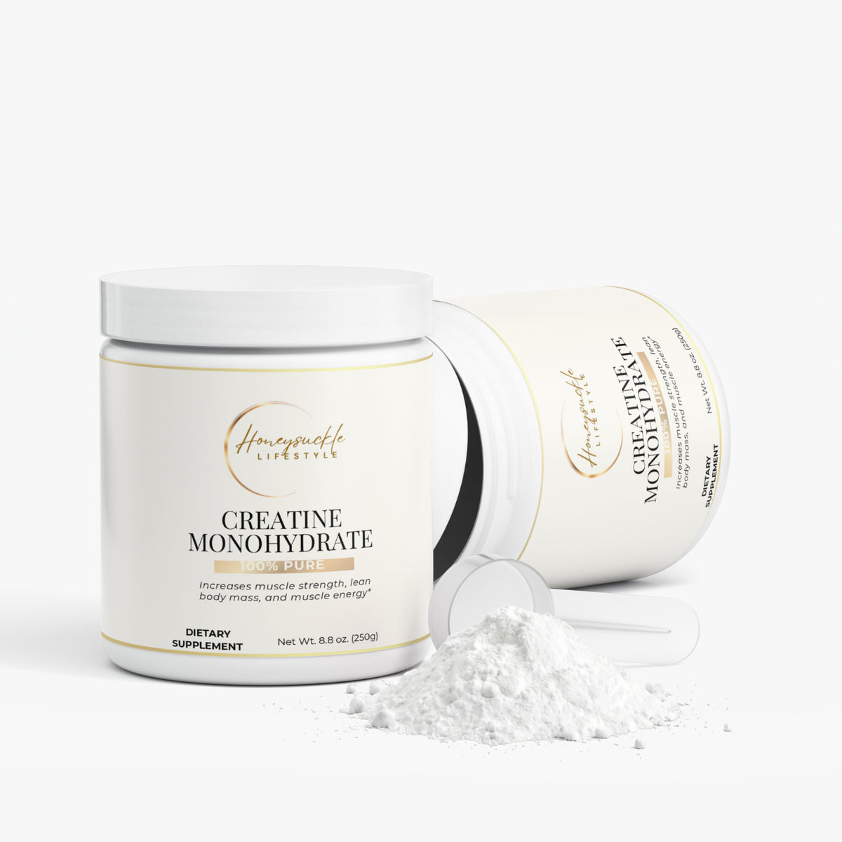 Creatine Monohydrate supplement container from HoneySuckle Lifestyle, a muscle builder powder for athletic performance and strength.