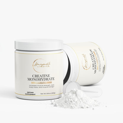 Creatine Monohydrate supplement container from HoneySuckle Lifestyle, a muscle builder powder for athletic performance and strength.