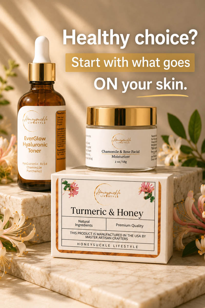 glow kit cosmetic products -Start with what goes ON your skin.' on a neutral background.