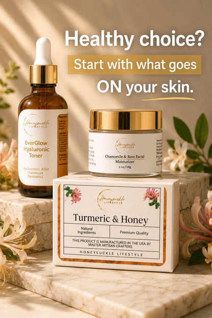 glow kit cosmetic products -Start with what goes ON your skin.' on a neutral background.