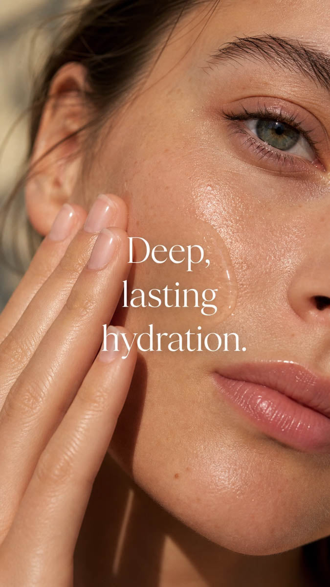 Close-up of a woman's face with text 'Deep, lasting hydration.'