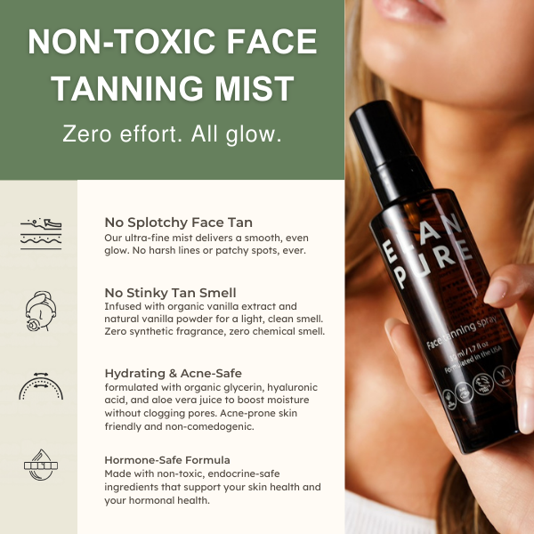 Advertisement for a non-toxic face tanning mist with product and benefits listed.