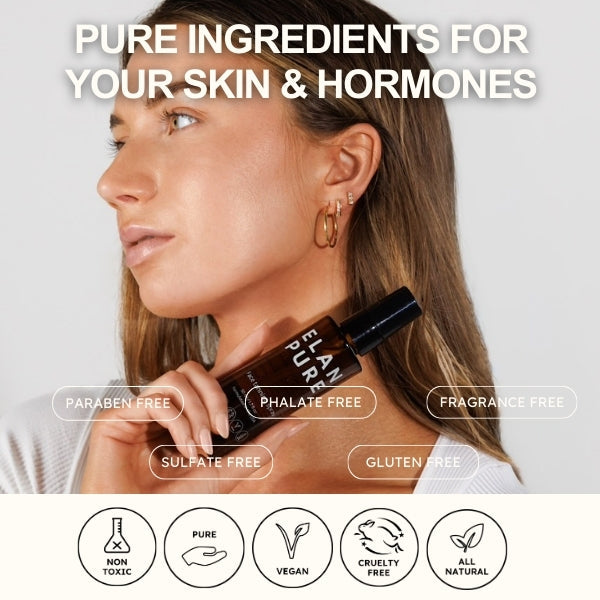 Woman holding a bottle labeled 'Elan Pure' with product features listed on a light gray background.