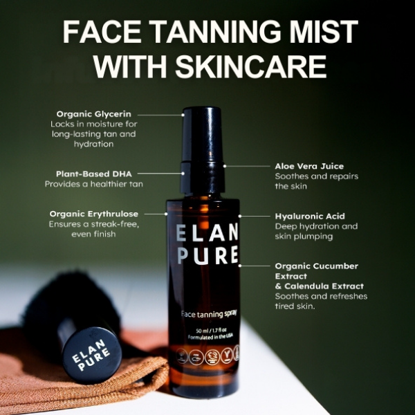 Elan Pure face tanning mist with skincare ingredients on a dark background