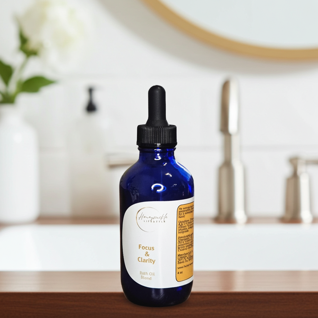 Blue bottle with dropper labeled 'Focus & Clarity' on a bathroom counter.