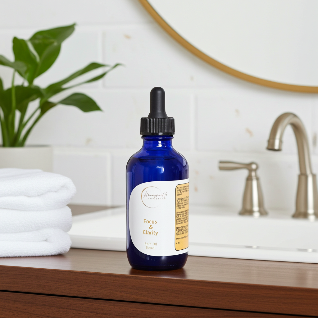 Blue bottle with dropper labeled 'Focus & Clarity' on a bathroom counter.