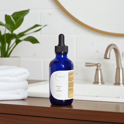 Blue bottle with dropper labeled 'Focus & Clarity' on a bathroom counter.