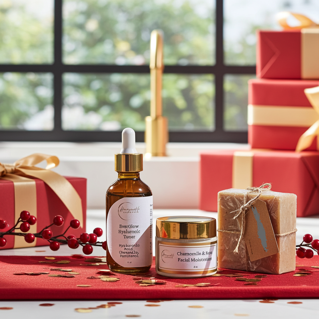 Cosmetic products on a table with Christmas decorations and gift boxes in the background
