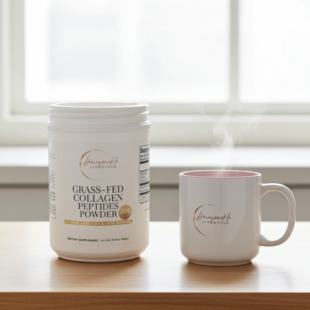 Container of Grass-Fed Collagen Peptides Powder and a mug on a wooden surface with a window in the background.