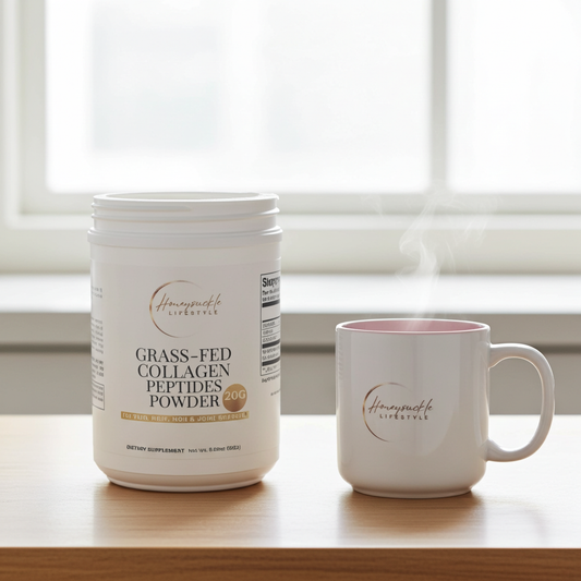 Container of Grass-Fed Collagen Peptides Powder and a mug on a wooden surface with a window in the background.