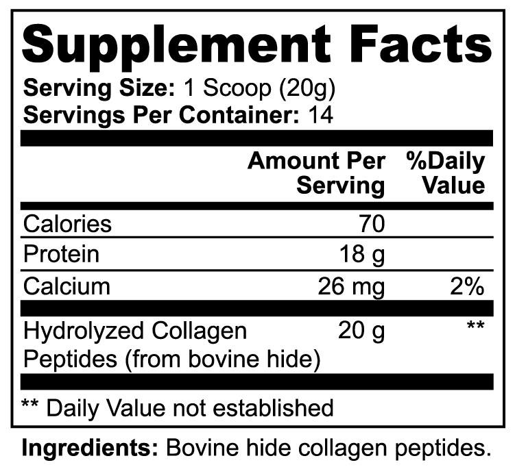 Supplement facts label og Grass-Fed Collagen with nutritional information on a white background