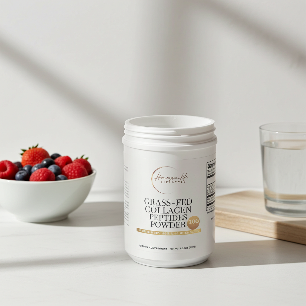 Container of grass-fed collagen peptides powder on a table with berries  and a glass of water.