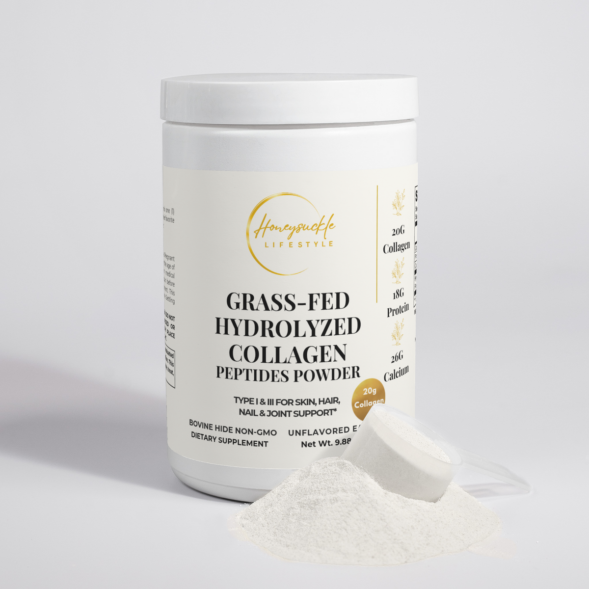 A white plastic tub of HoneySuckle Lifestyle's Grass-Fed Hydrolyzed Collagen Peptides Powder with a white scoop filled with the powder in the foreground, set against a clean white studio background.