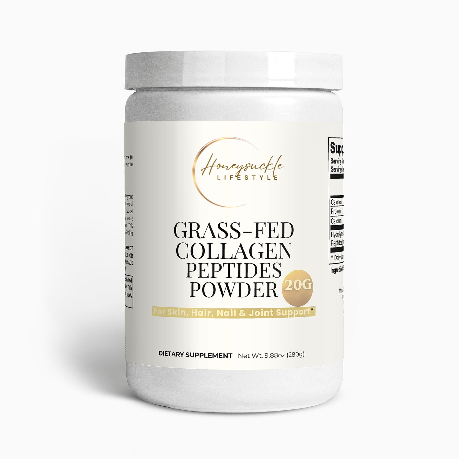 Container of grass-fed collagen peptides powder with Honeysuckle Lifestyle branding on a white background