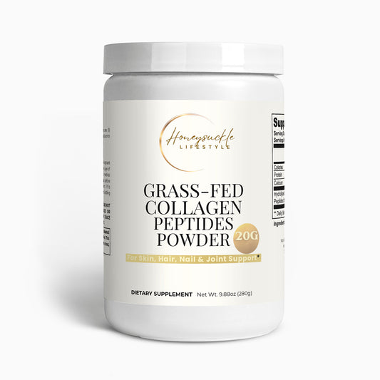 Container of grass-fed collagen peptides powder with Honeysuckle Lifestyle branding on a white background