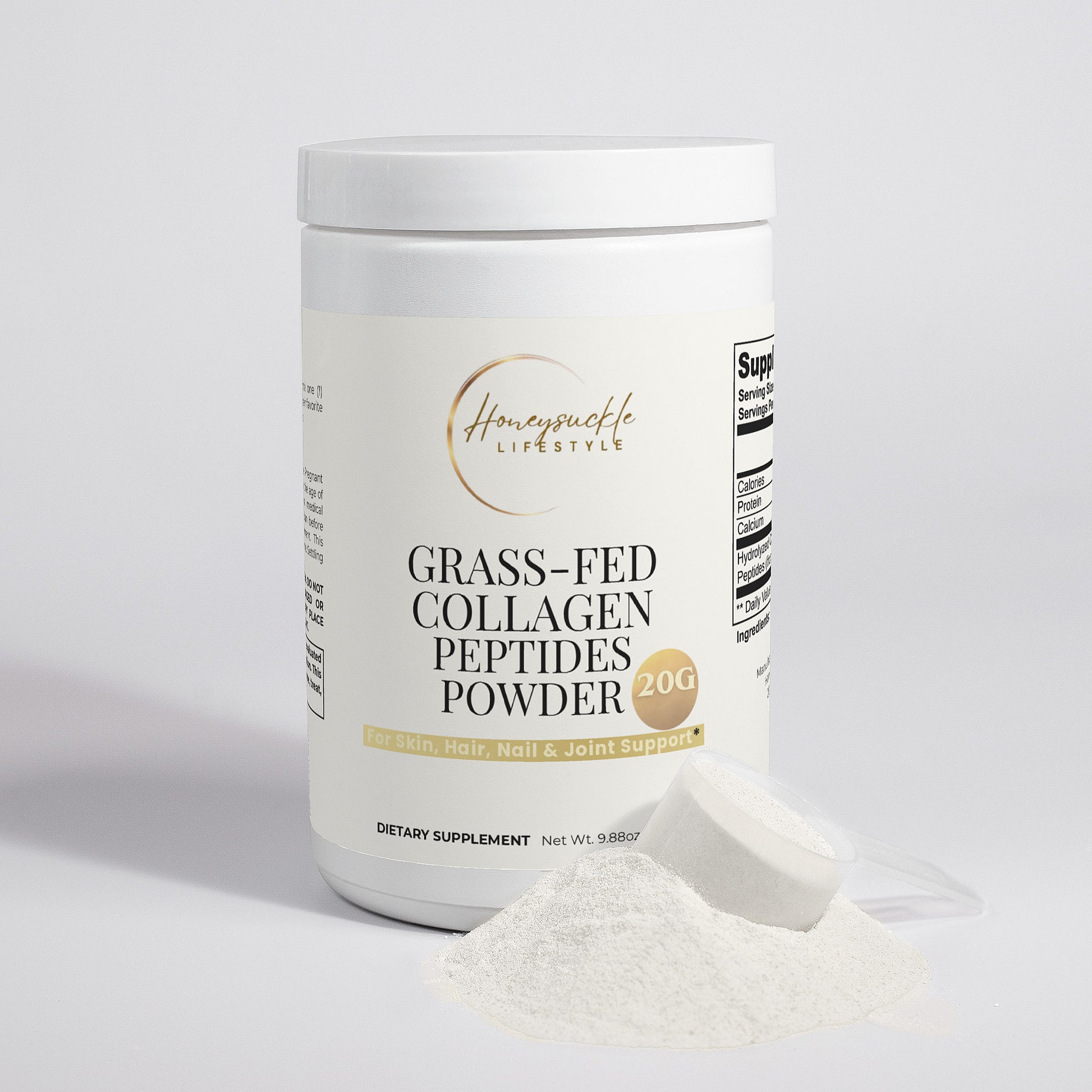 Container of grass-fed collagen peptides powder with visible powder on a light background