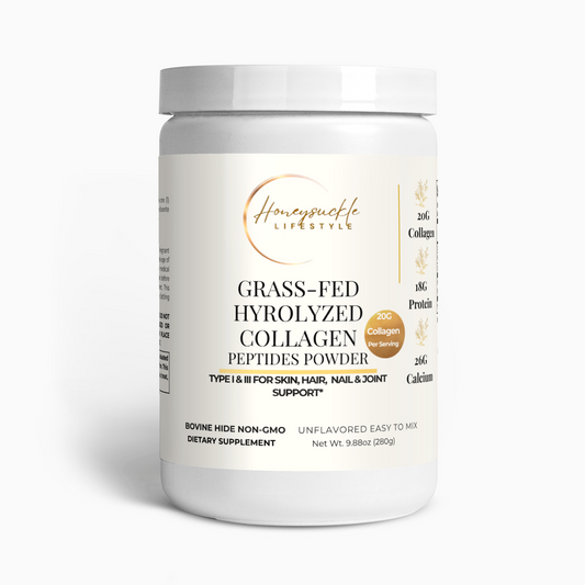 A white container of HoneySuckle Lifestyle Grass-Fed Hydrolyzed Collagen Peptides Powder, shown on a clean white background with a soft shadow.