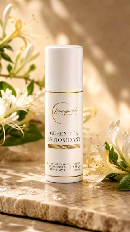 A sleek, minimalist bottle containing a green tea antioxidant serum, designed for effective skincare.