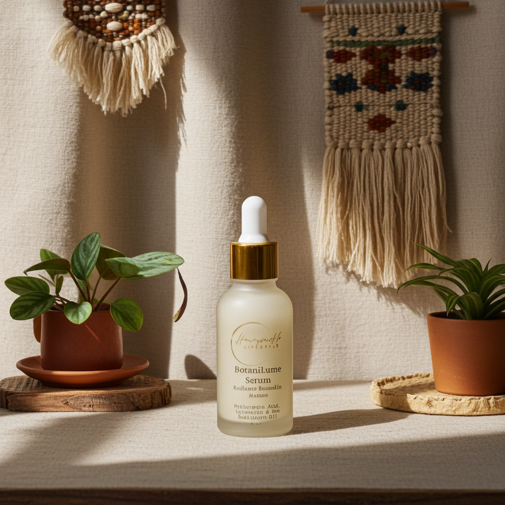 Botanilume Serum bottle on a table with plants and wall art in the background