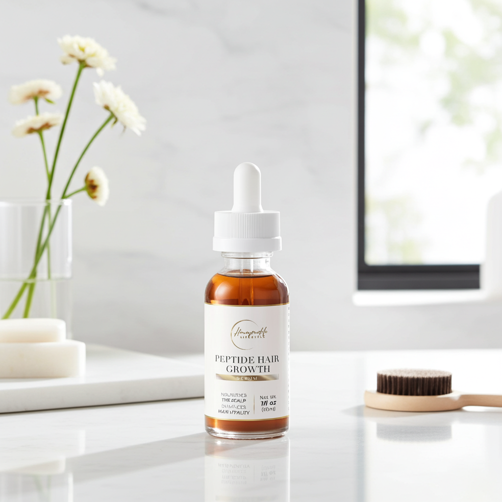 Bottle of peptide hair growth serum on a bathroom counter with flowers and a brush in the background.