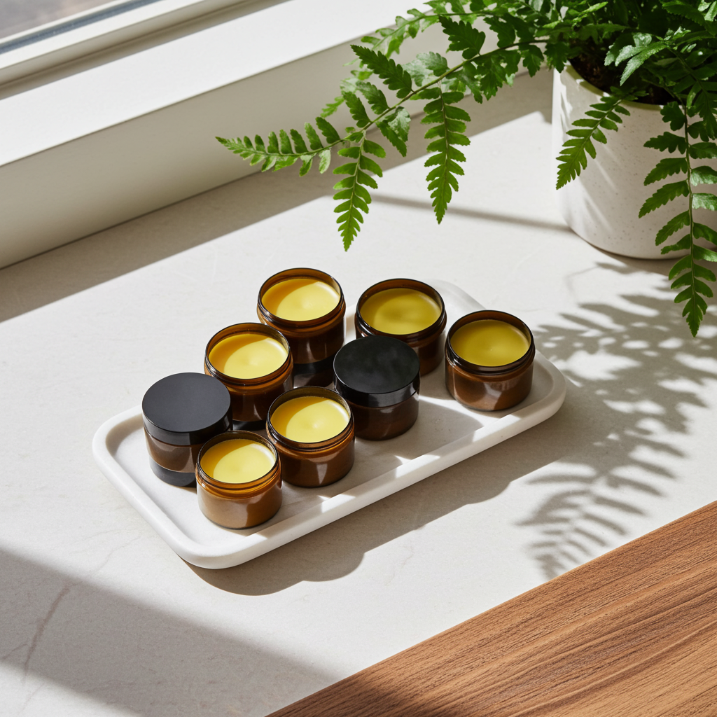 Set of small jars with black lids on a white tray, placed on a light surface with a plant in the background.