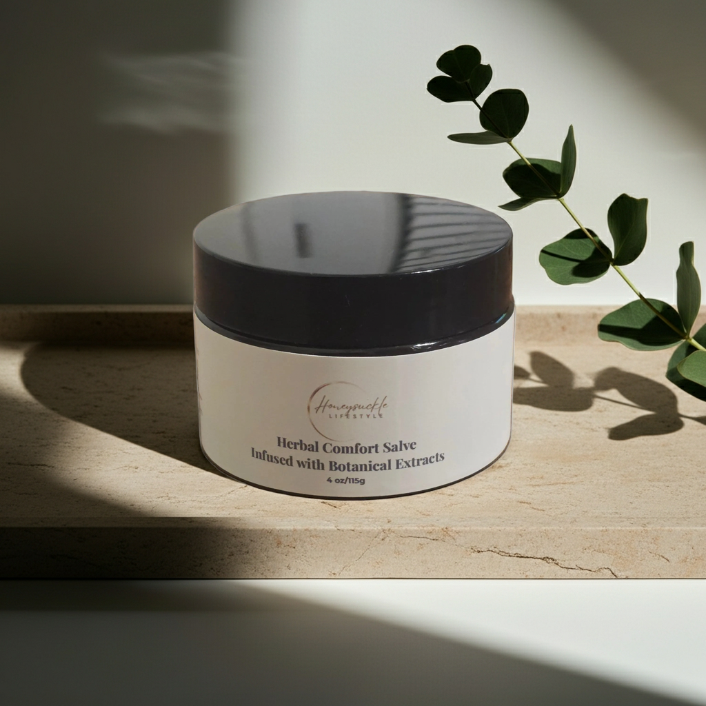 Jar of herbal comfort salve on a wooden surface with a plant in the background