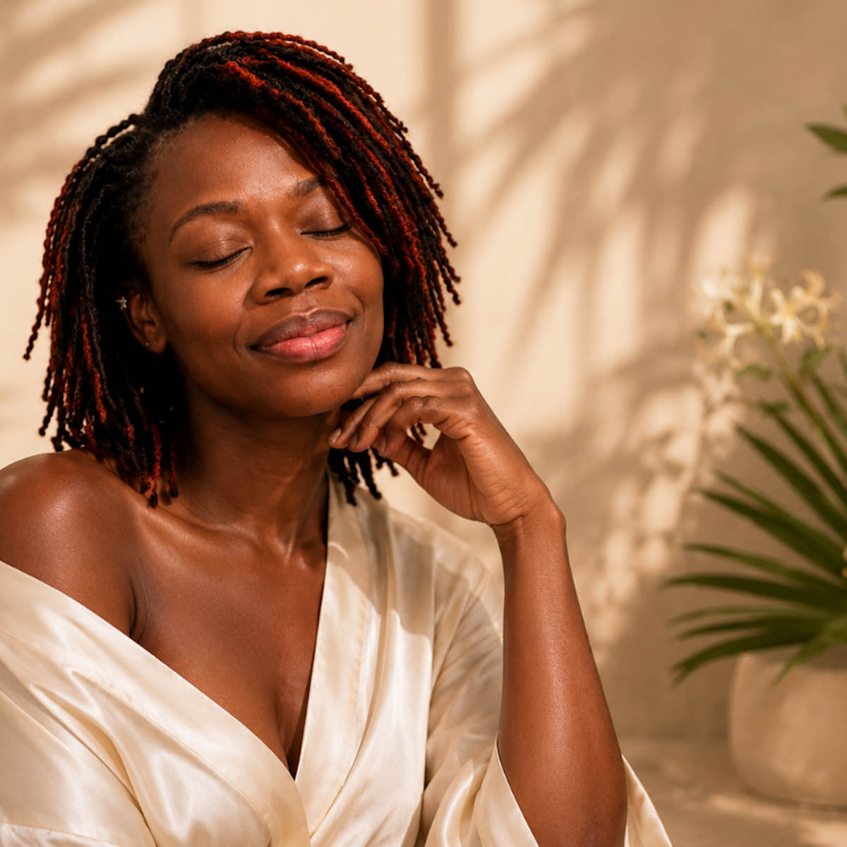 Woman with braided hair wearing a white robe against a neutral background