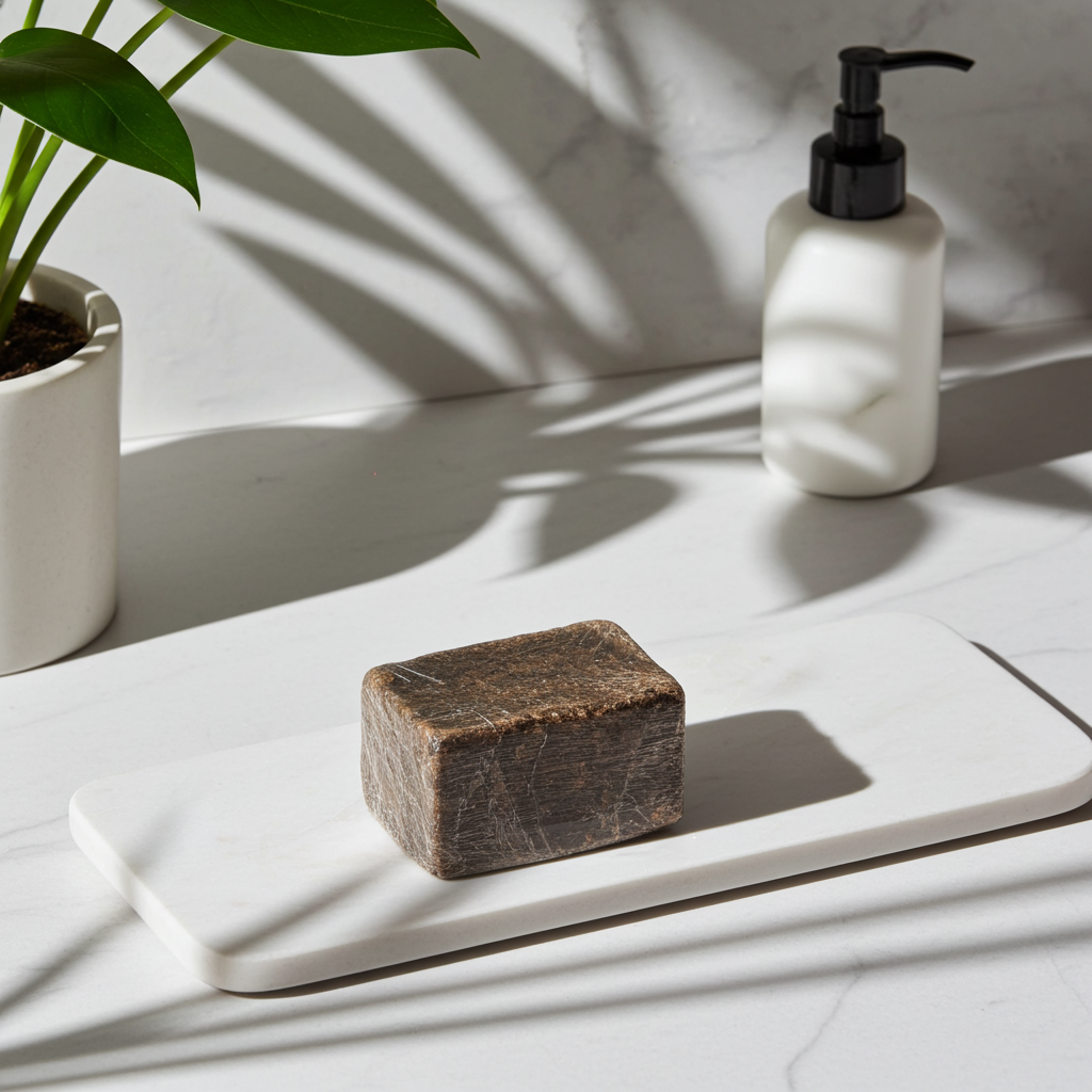Bar of soap on a white soap dish with a white bottle and plant in the background
