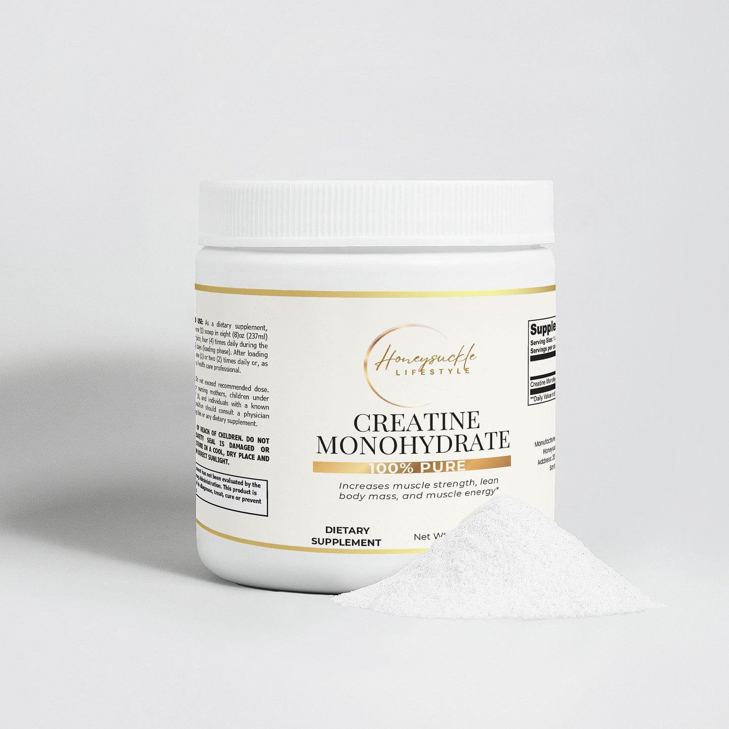 White container of creatine monohydrate powder with a label on a white background