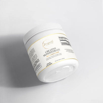 Supplement container labeled 'Creatine Monohydrate' on a light gray background